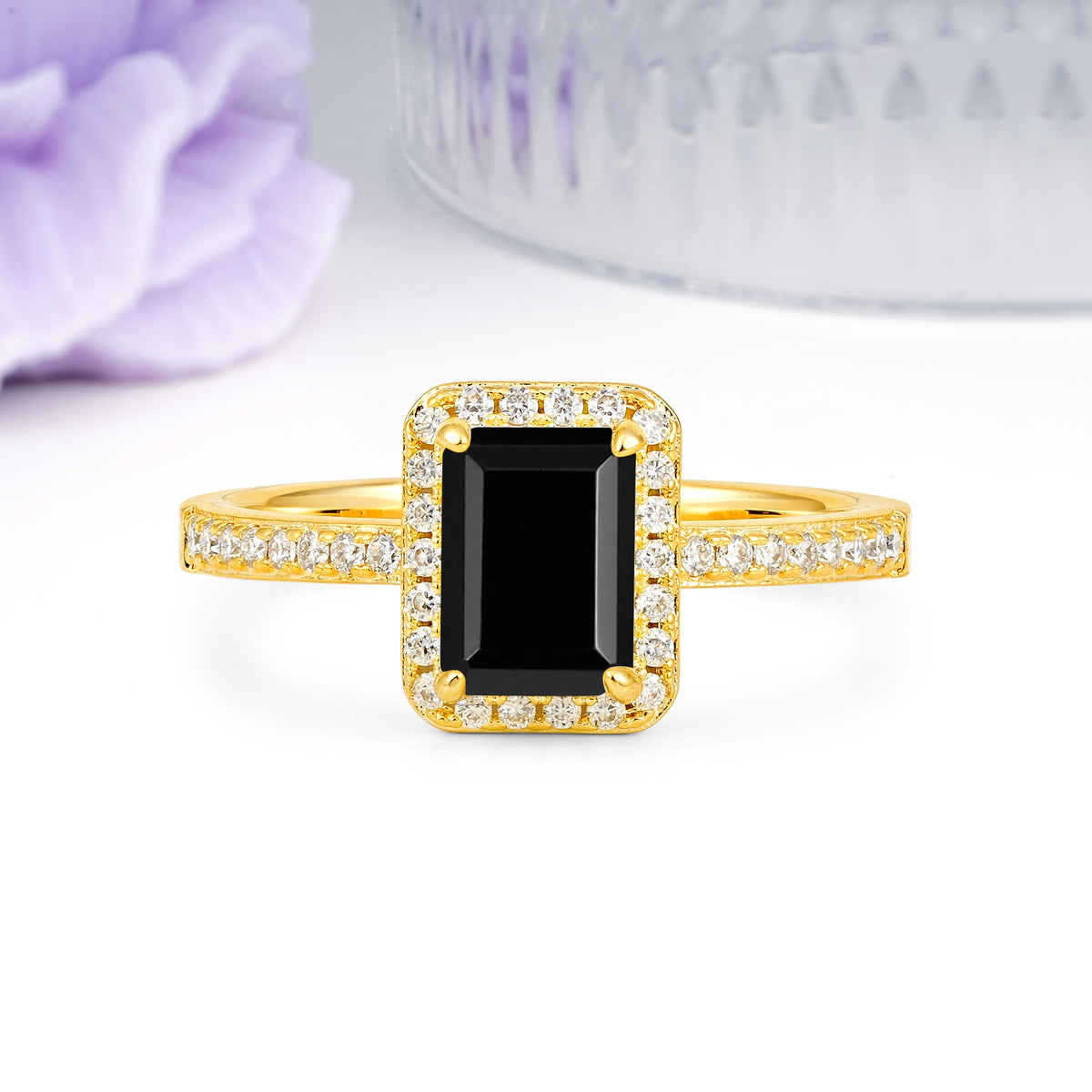 Classic Pavé-Set, Luxurious 4-Prong, Emerald-Cut Black Onyx Engagement Ring - Additional view