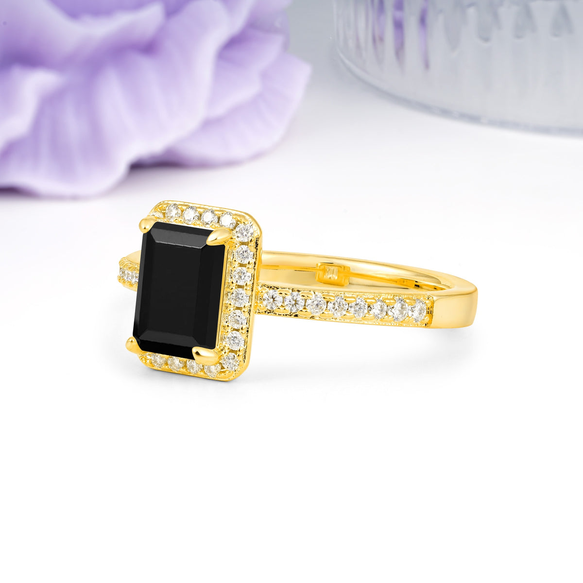 Classic Pavé-Set, Luxurious 4-Prong, Emerald-Cut Black Onyx Engagement Ring - Additional view