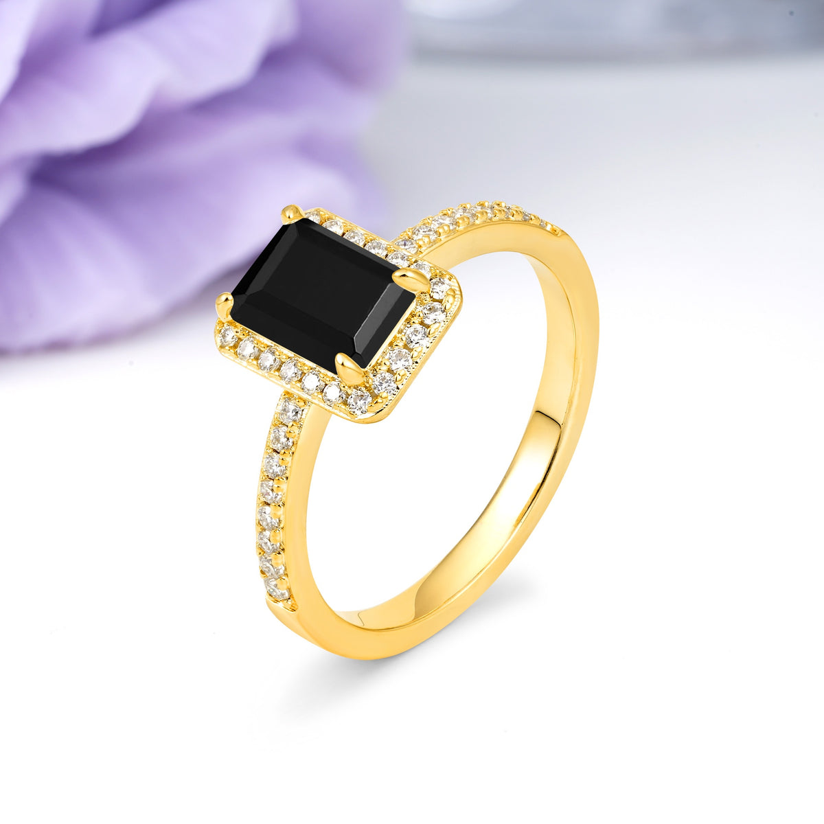 Classic Pavé-Set, Luxurious 4-Prong, Emerald-Cut Black Onyx Engagement Ring - Additional view