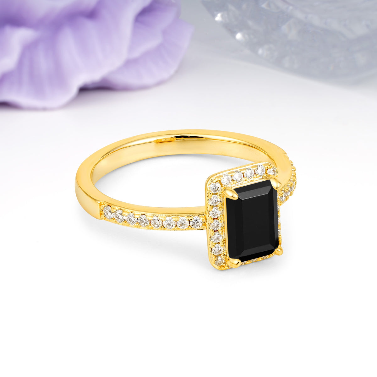 Classic Pavé-Set, Luxurious 4-Prong, Emerald-Cut Black Onyx Engagement Ring - Additional view