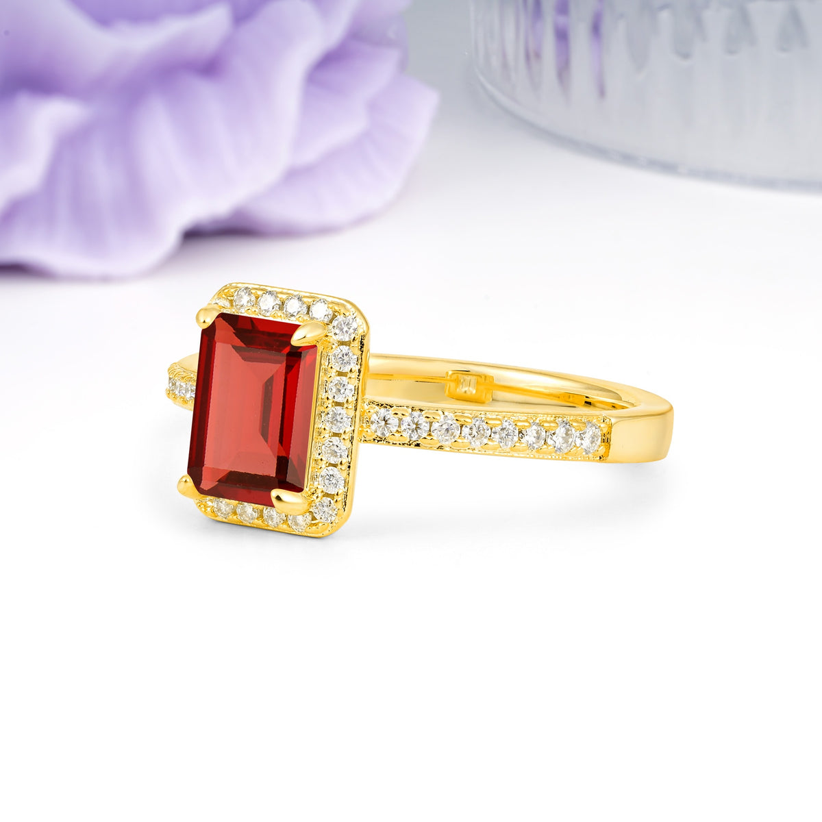Classic Pavé-Set, Luxurious 4-Prong, Emerald-Cut Garnet Engagement Ring - Additional view