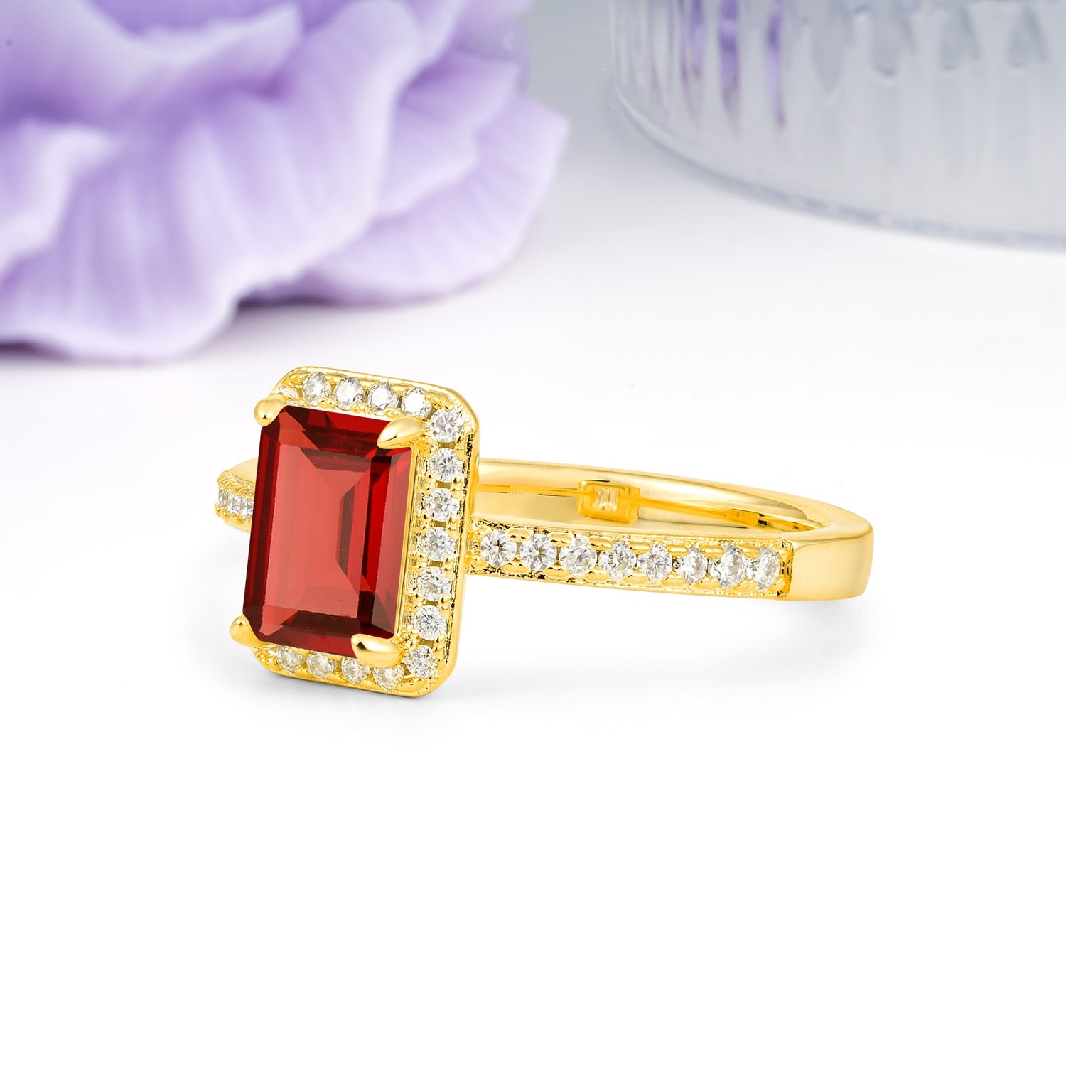 Classic Pavé-Set, Luxurious 4-Prong, Emerald-Cut Garnet Engagement Ring - Additional view