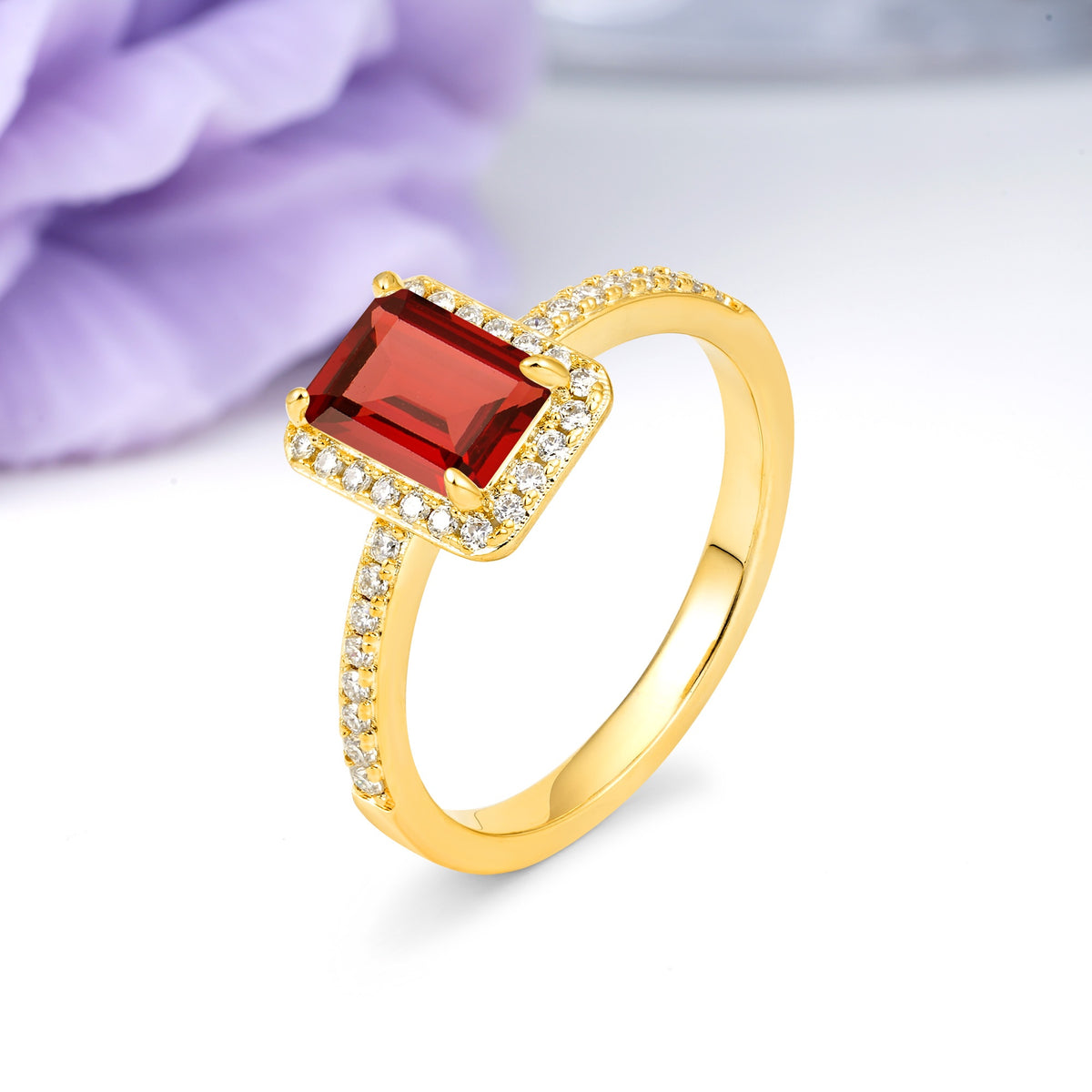Classic Pavé-Set, Luxurious 4-Prong, Emerald-Cut Garnet Engagement Ring - Additional view
