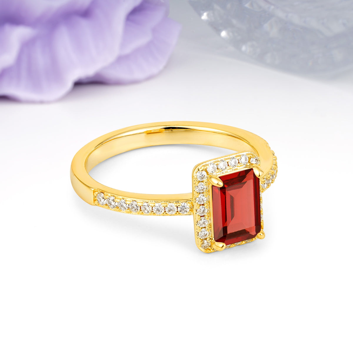 Classic Pavé-Set, Luxurious 4-Prong, Emerald-Cut Garnet Engagement Ring - Additional view