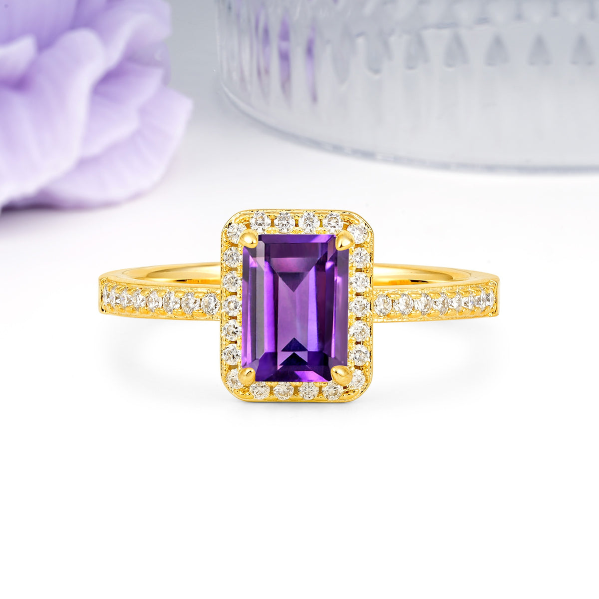 Classic Pavé-Set, Luxurious 4-Prong, Emerald-Cut Amethyst Engagement Ring - Additional view