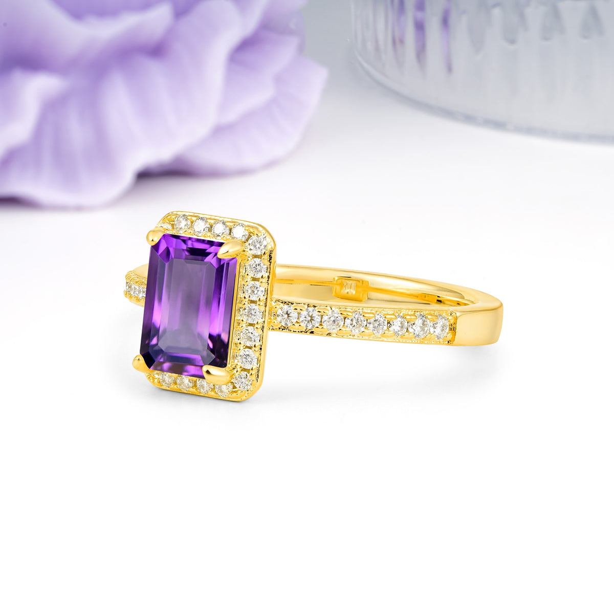 Classic Pavé-Set, Luxurious 4-Prong, Emerald-Cut Amethyst Engagement Ring - Additional view