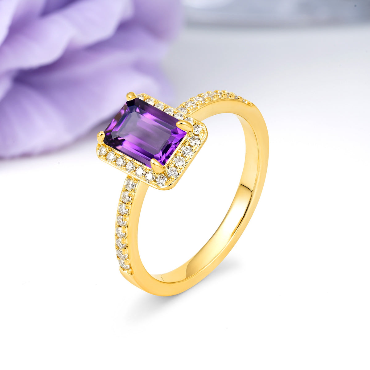 Classic Pavé-Set, Luxurious 4-Prong, Emerald-Cut Amethyst Engagement Ring - Additional view