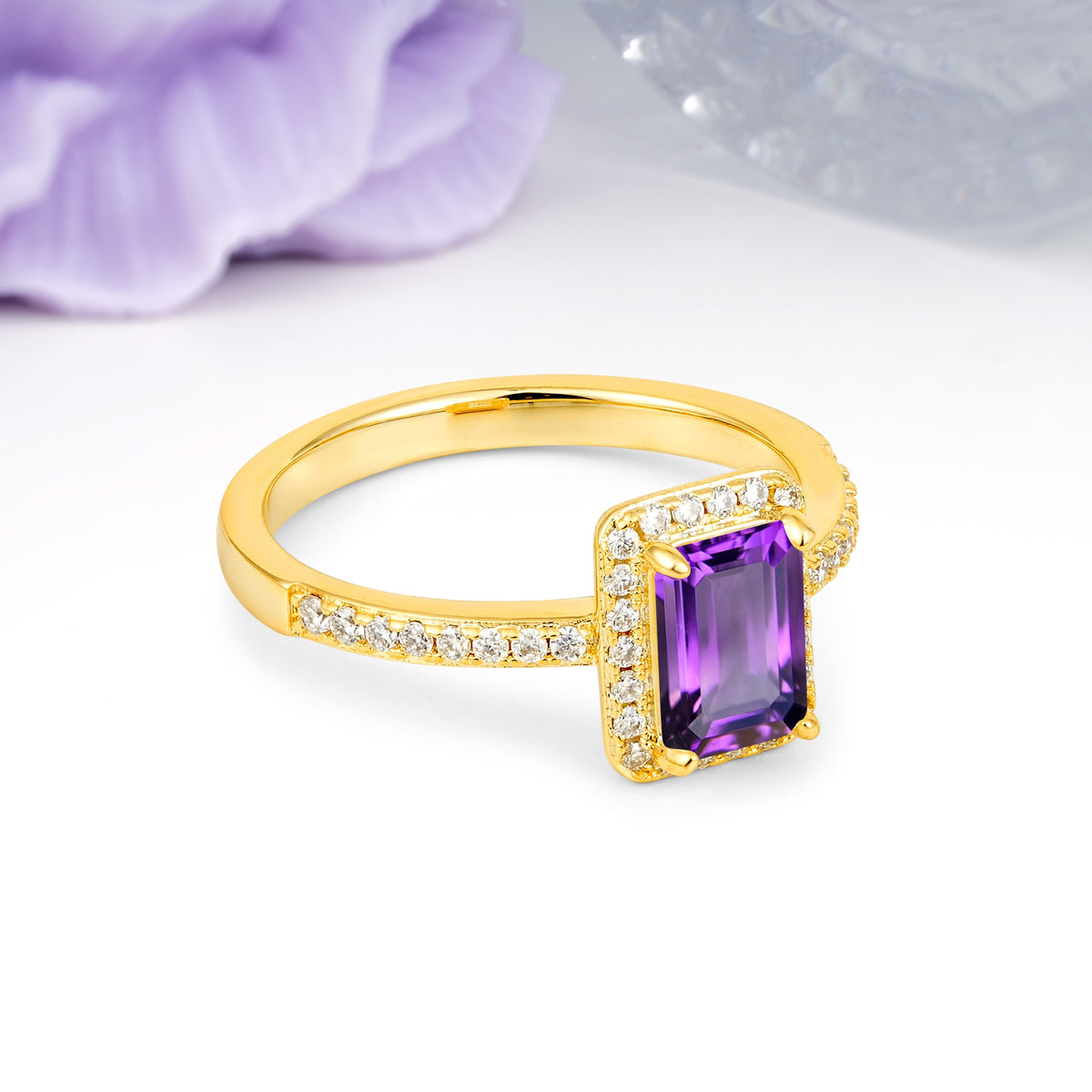 Classic Pavé-Set, Luxurious 4-Prong, Emerald-Cut Amethyst Engagement Ring - Additional view