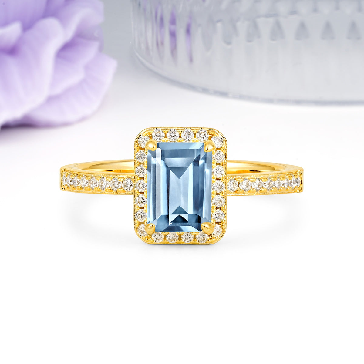 Classic Pavé-Set, Luxurious 4-Prong, Emerald-Cut Aquamarine Engagement Ring - Additional view