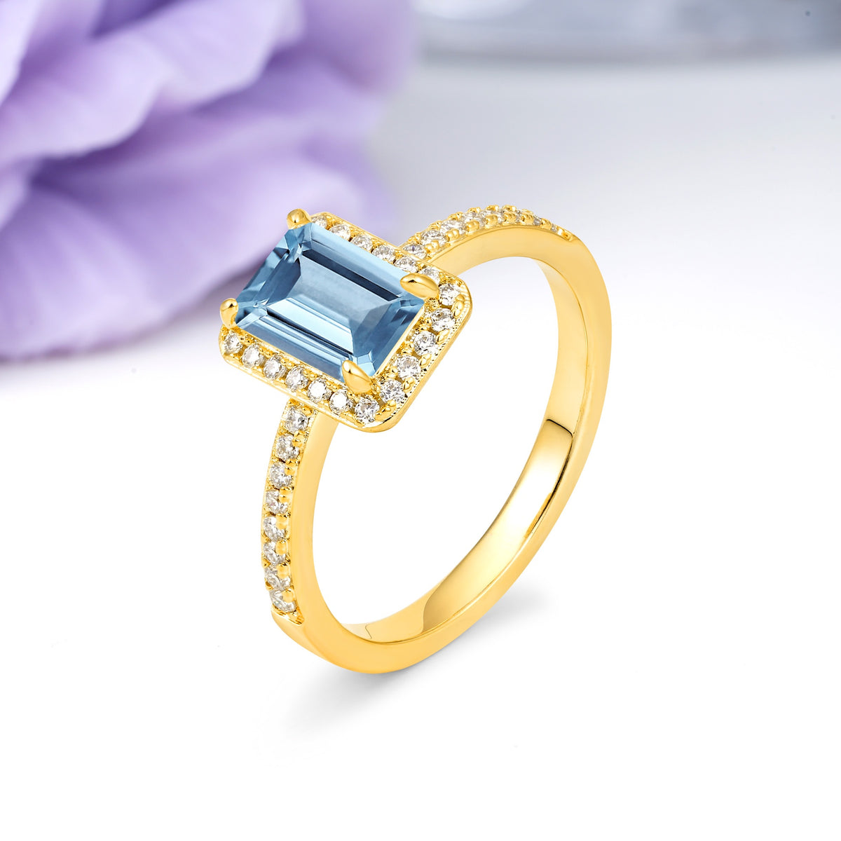 Classic Pavé-Set, Luxurious 4-Prong, Emerald-Cut Aquamarine Engagement Ring - Additional view