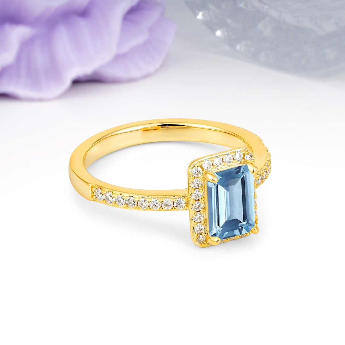 Classic Pavé-Set, Luxurious 4-Prong, Emerald-Cut Aquamarine Engagement Ring - Additional view