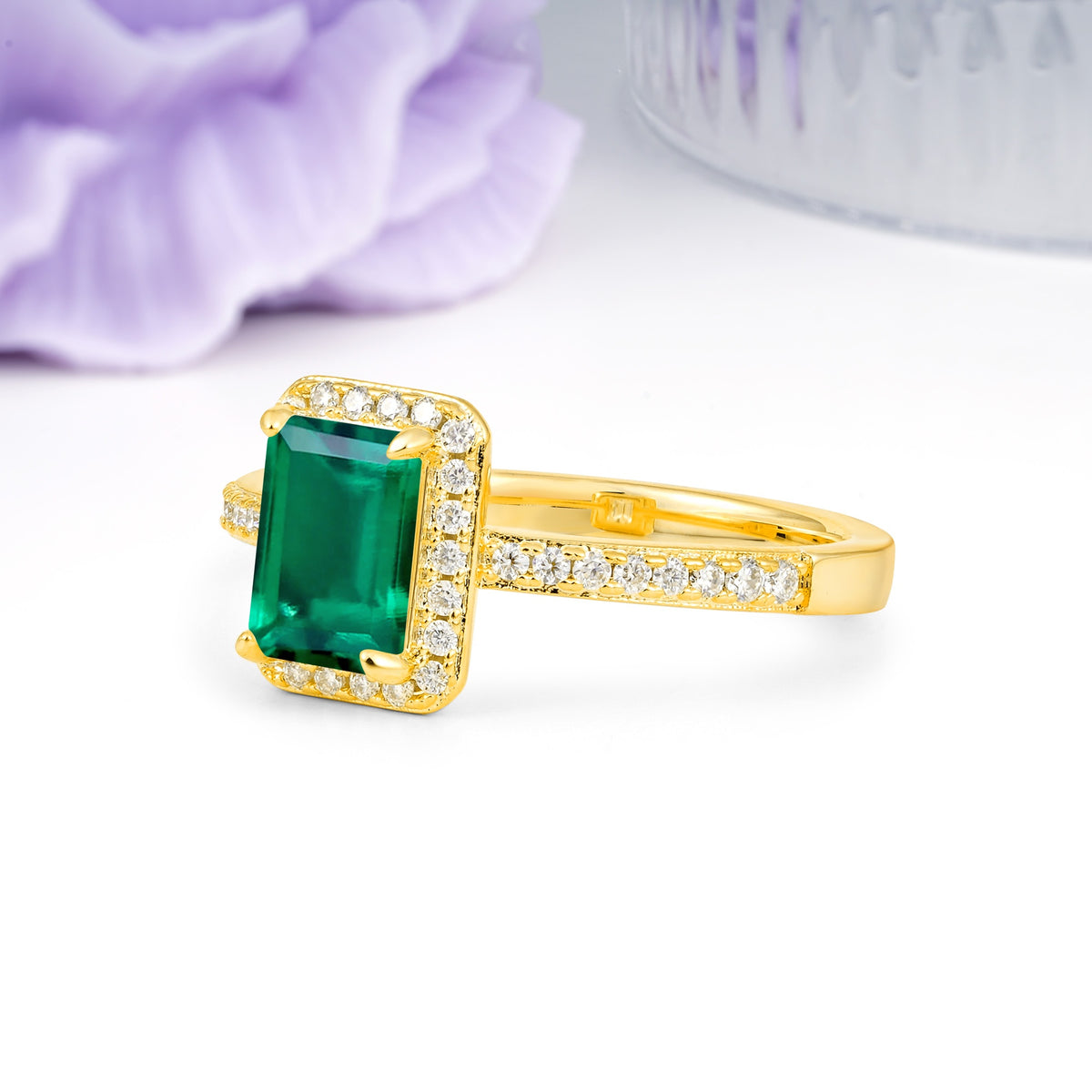 Classic Pavé-Set, Luxurious 4-Prong, Emerald-Cut Emerald Engagement Ring - Additional view