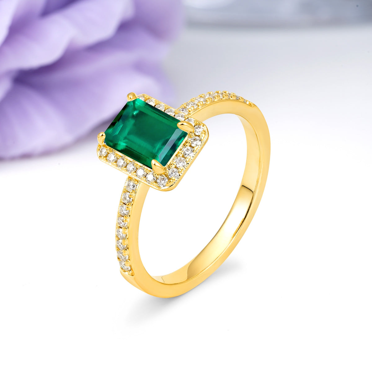 Classic Pavé-Set, Luxurious 4-Prong, Emerald-Cut Emerald Engagement Ring - Additional view
