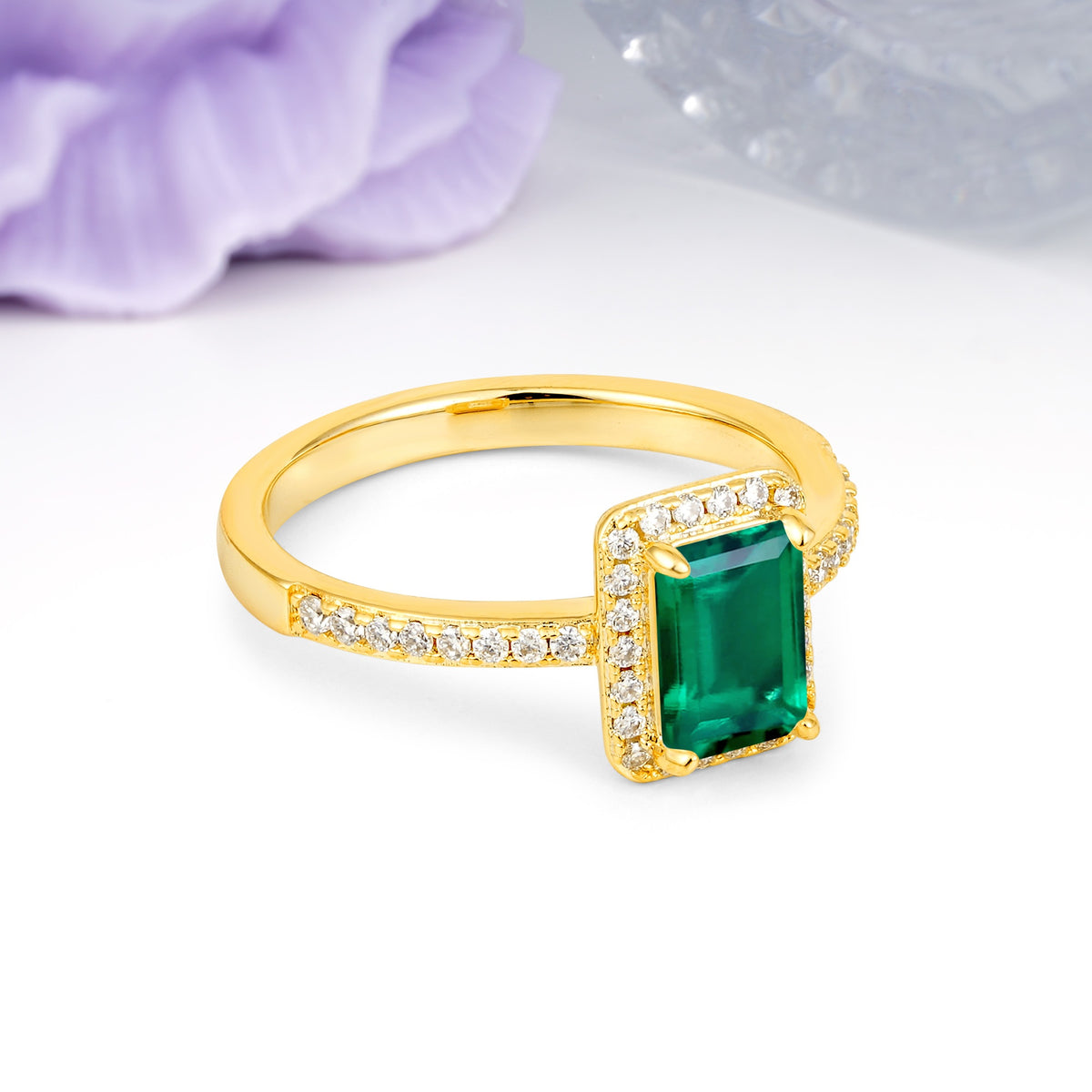 Classic Pavé-Set, Luxurious 4-Prong, Emerald-Cut Emerald Engagement Ring - Additional view