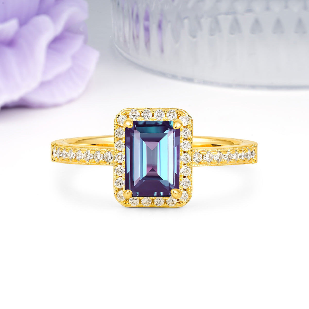 Classic Pavé-Set, Luxurious 4-Prong, Emerald-Cut Alexandrite Engagement Ring - Additional view