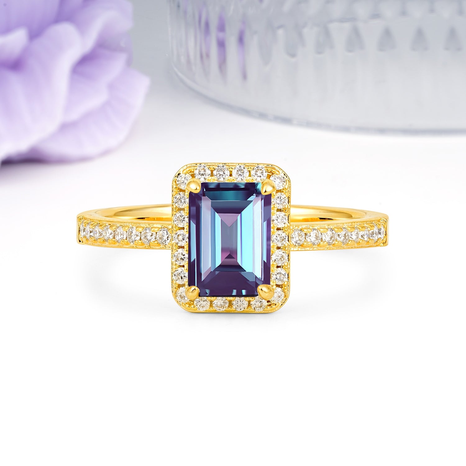Classic Pavé-Set, Luxurious 4-Prong, Emerald-Cut Alexandrite Engagement Ring - Additional view