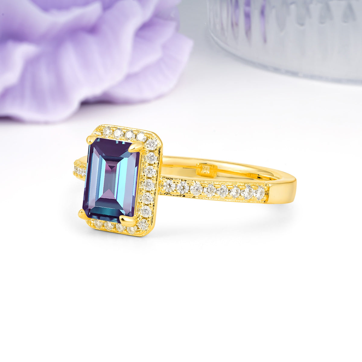 Classic Pavé-Set, Luxurious 4-Prong, Emerald-Cut Alexandrite Engagement Ring - Additional view