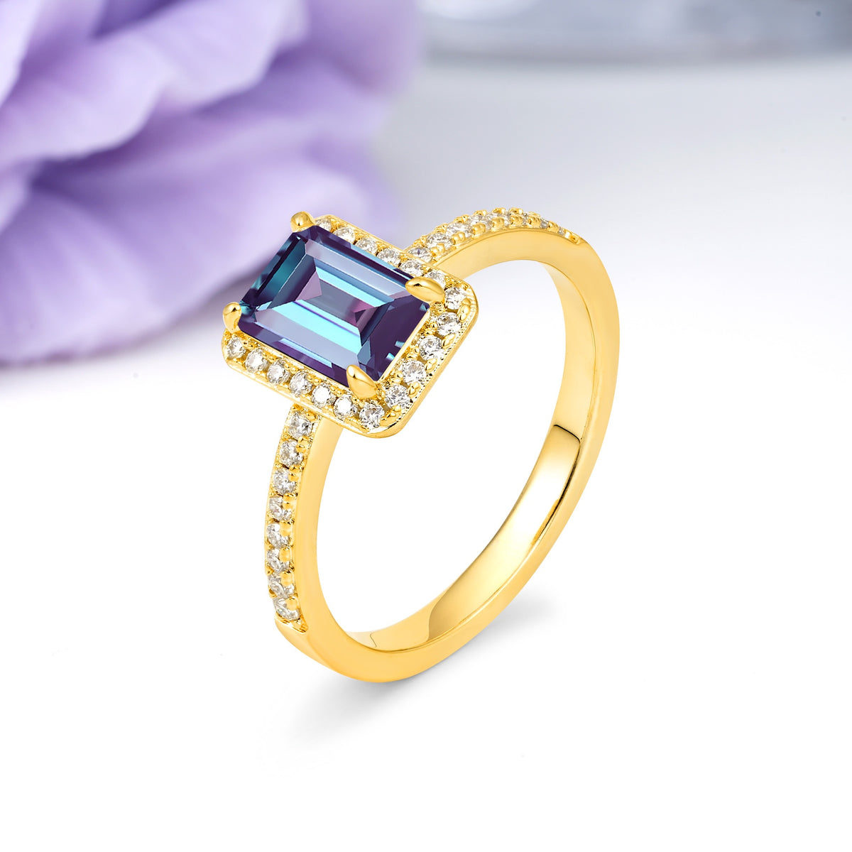 Classic Pavé-Set, Luxurious 4-Prong, Emerald-Cut Alexandrite Engagement Ring - Additional view