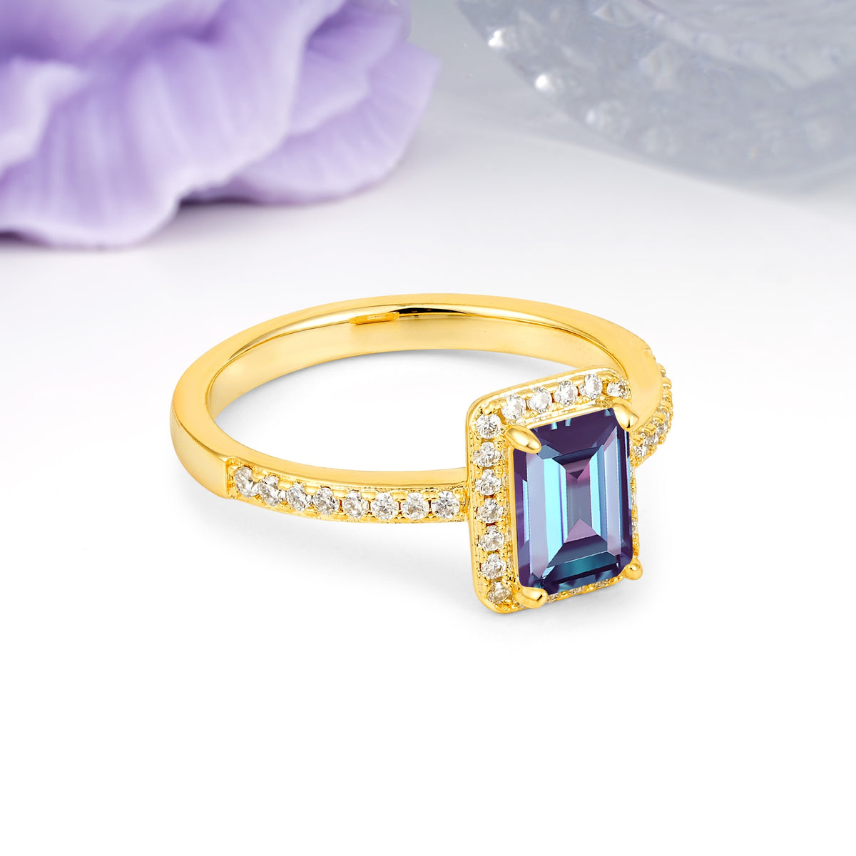 Classic Pavé-Set, Luxurious 4-Prong, Emerald-Cut Alexandrite Engagement Ring - Additional view