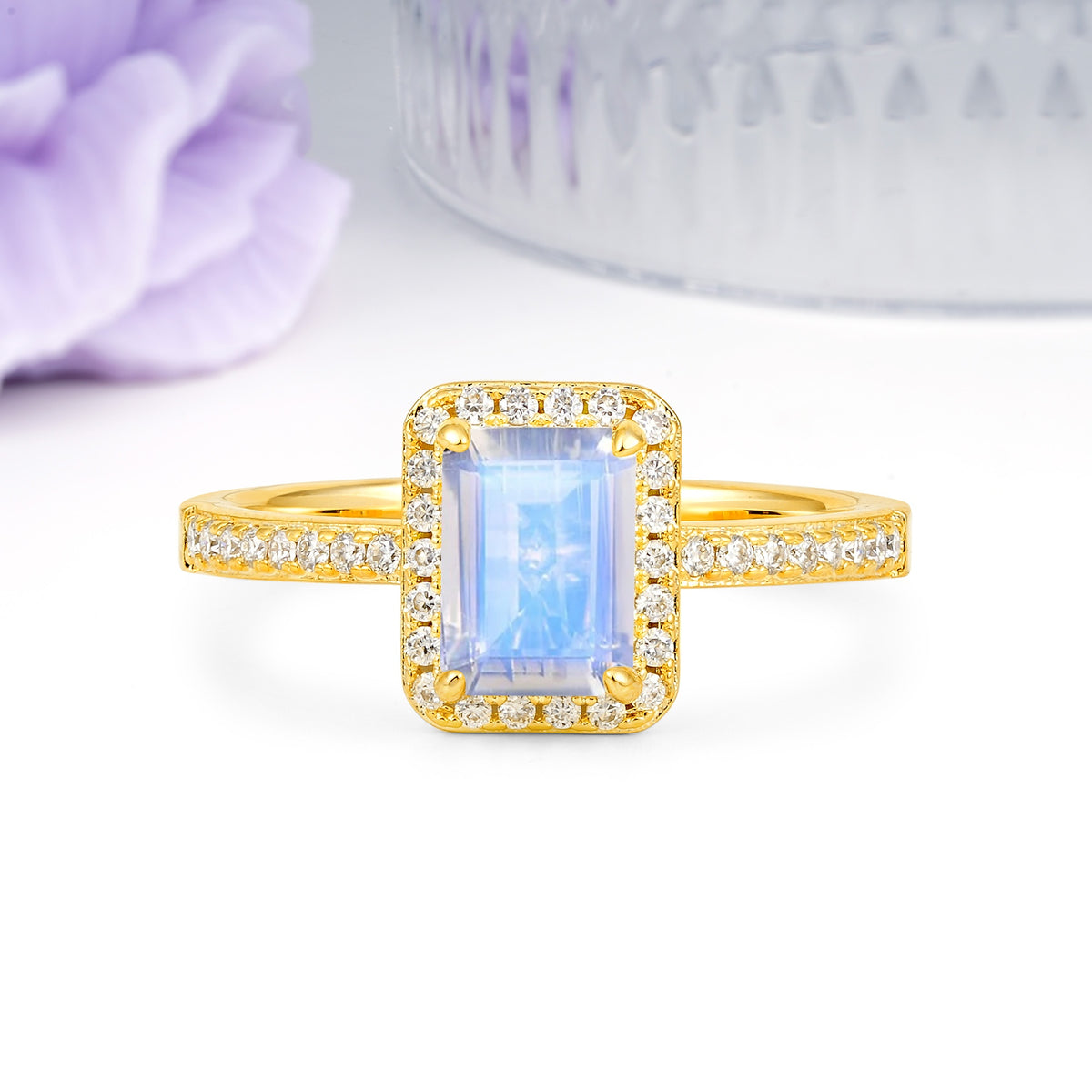 Classic Pavé-Set, Luxurious 4-Prong, Emerald-Cut Moonstone Engagement Ring - Additional view