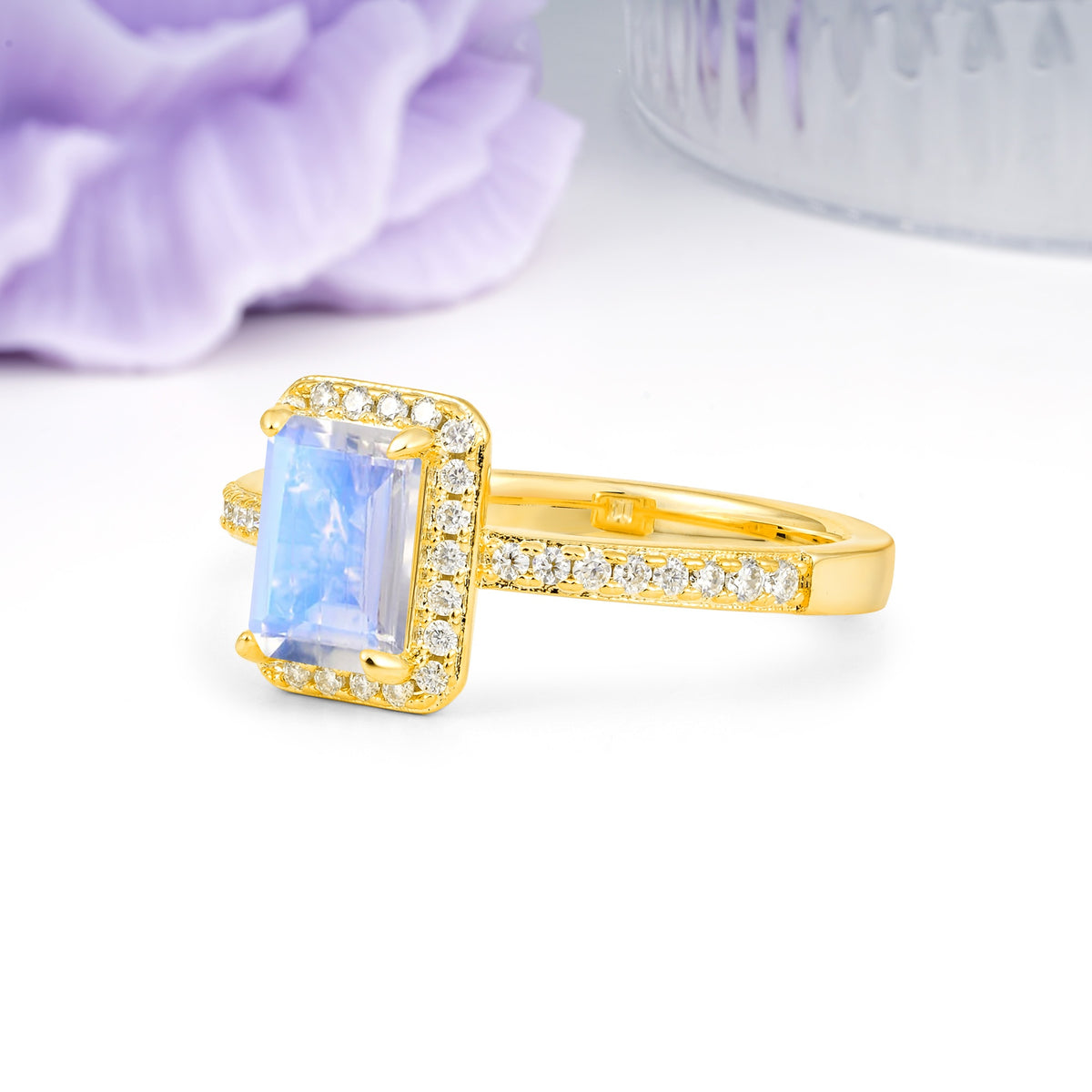 Classic Pavé-Set, Luxurious 4-Prong, Emerald-Cut Moonstone Engagement Ring - Additional view