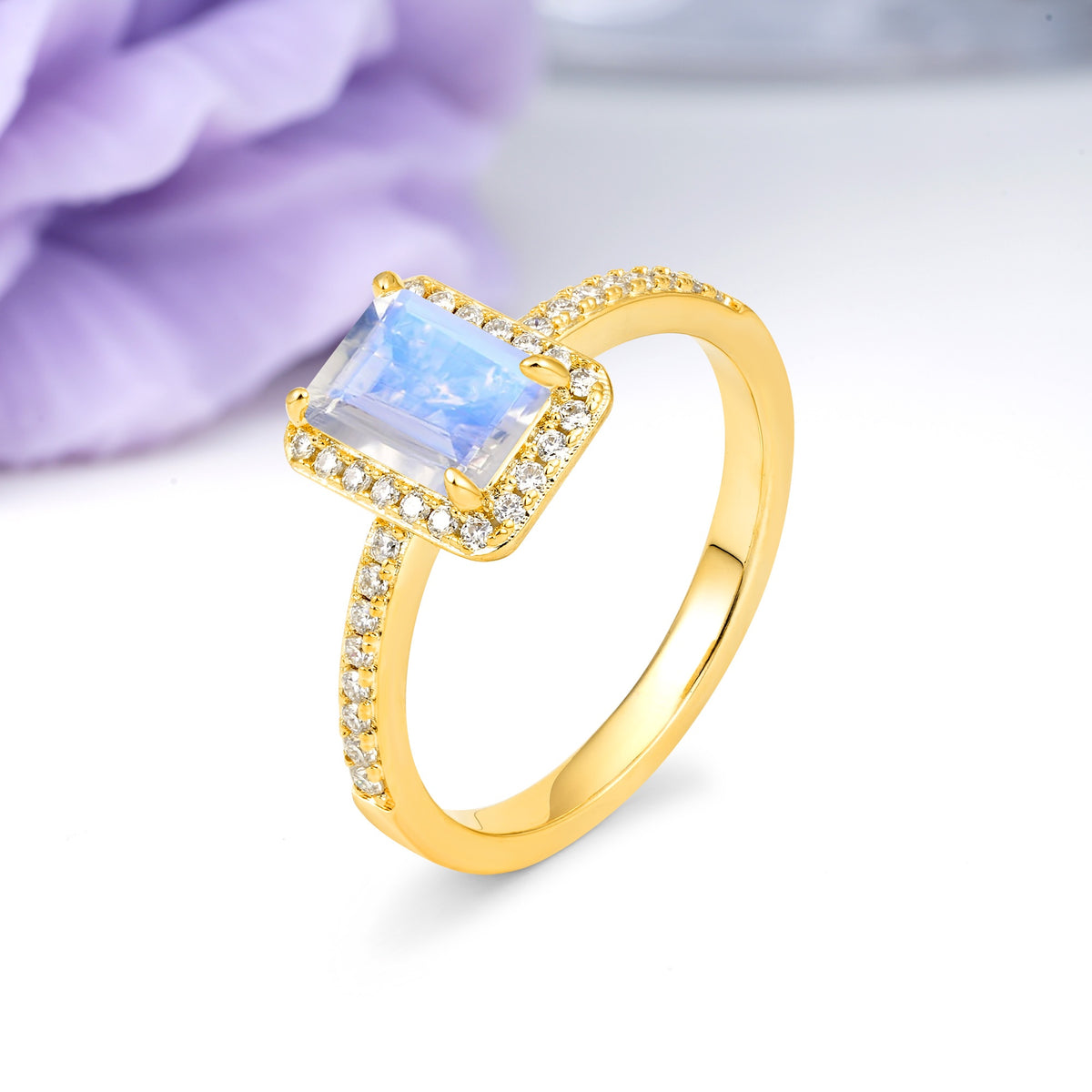 Classic Pavé-Set, Luxurious 4-Prong, Emerald-Cut Moonstone Engagement Ring - Additional view