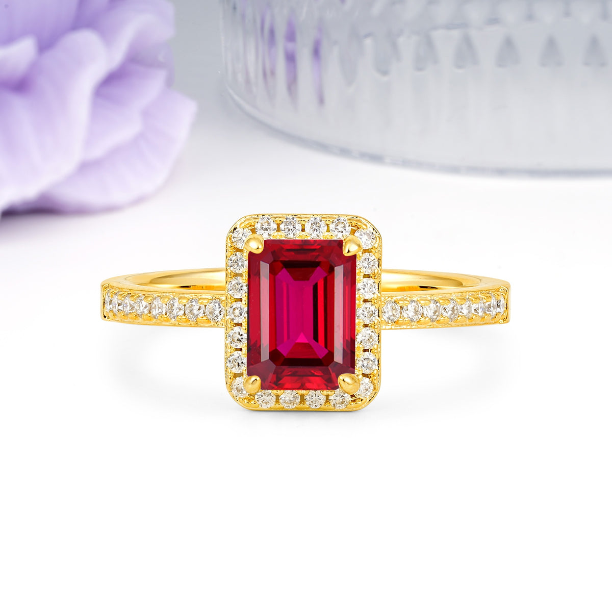 Classic Pavé-Set, Luxurious 4-Prong, Emerald-Cut Ruby Engagement Ring - Additional view