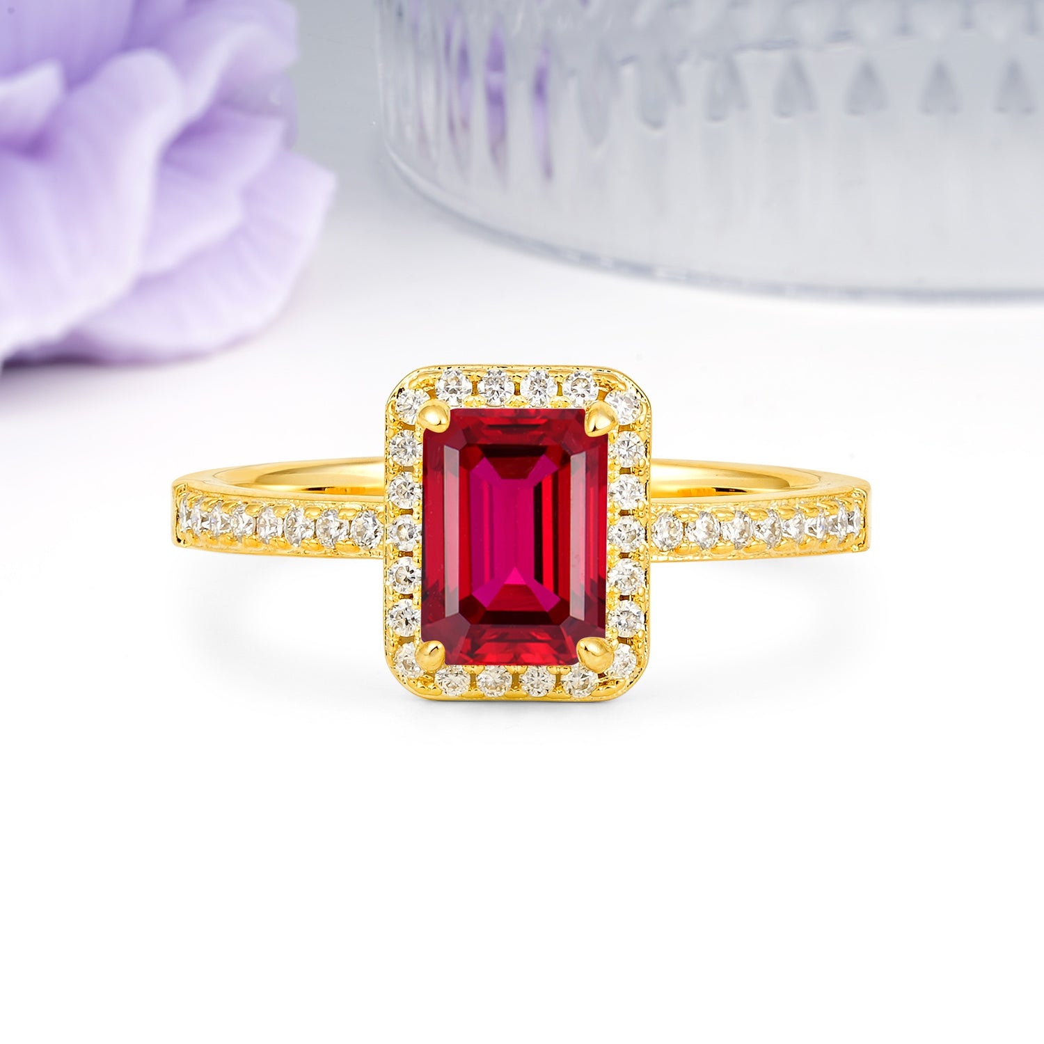 Classic Pavé-Set, Luxurious 4-Prong, Emerald-Cut Ruby Engagement Ring - Additional view