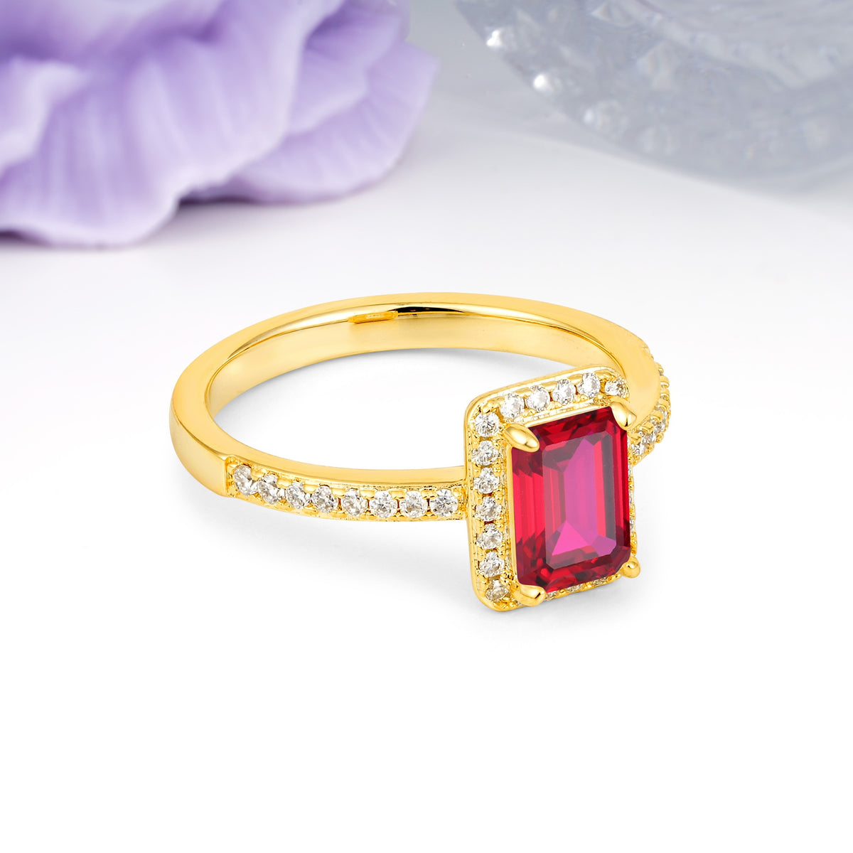 Classic Pavé-Set, Luxurious 4-Prong, Emerald-Cut Ruby Engagement Ring - Additional view
