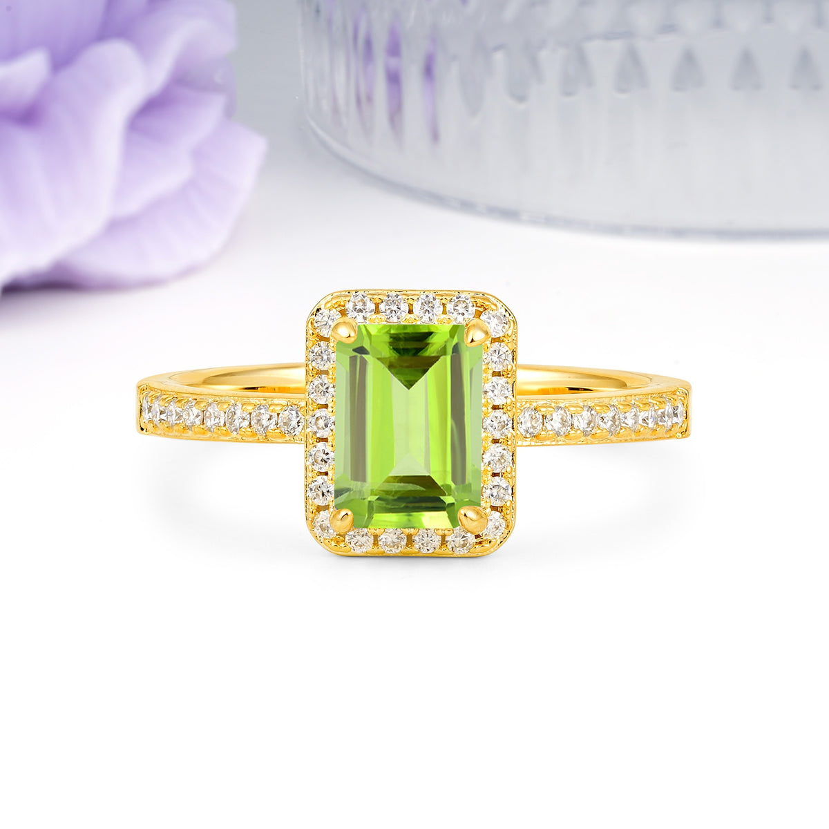 Classic Pavé-Set, Luxurious 4-Prong, Emerald-Cut Peridot Engagement Ring - Additional view