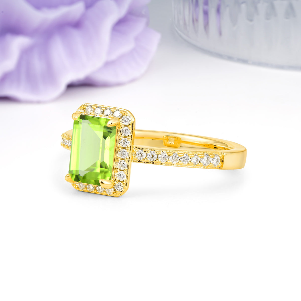 Classic Pavé-Set, Luxurious 4-Prong, Emerald-Cut Peridot Engagement Ring - Additional view