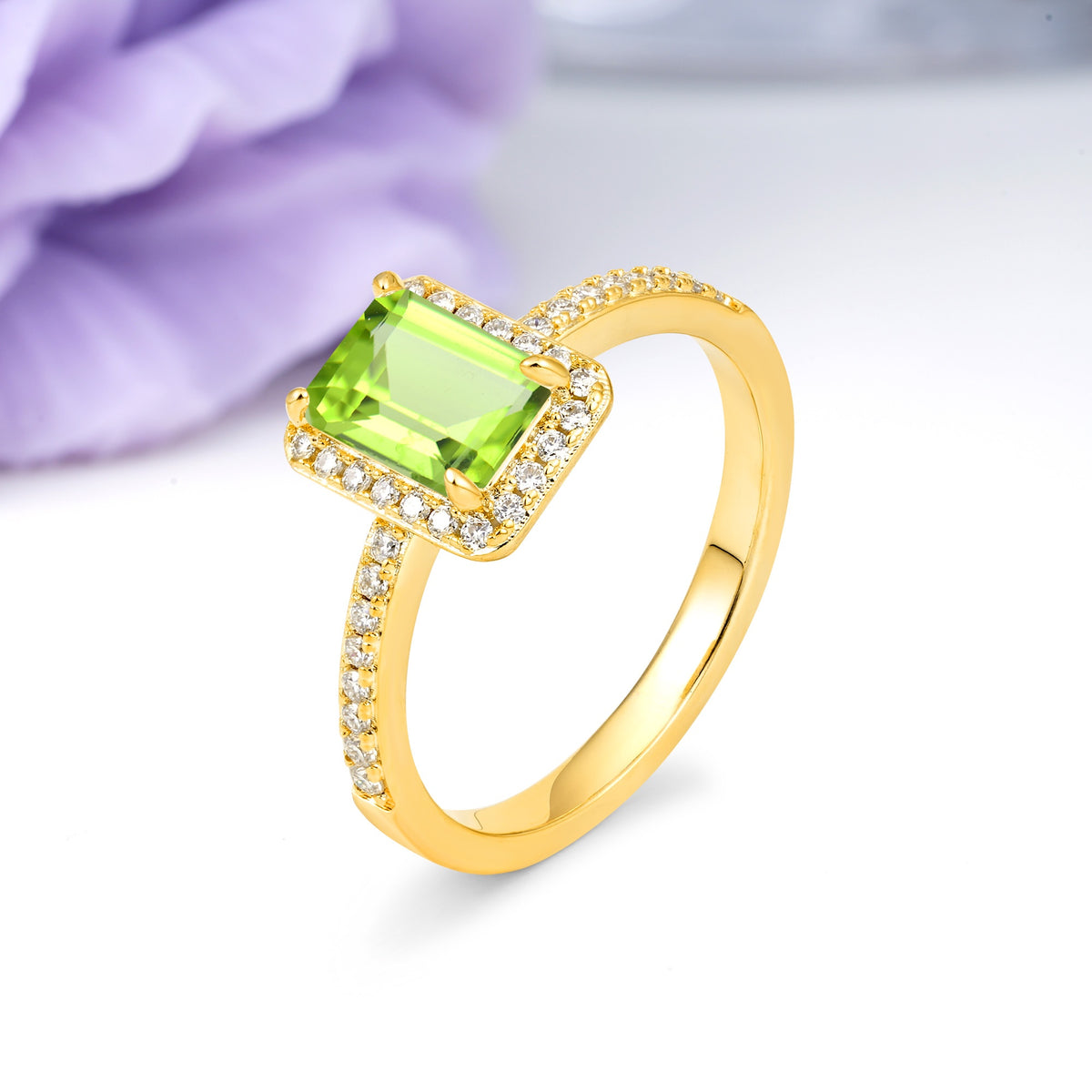 Classic Pavé-Set, Luxurious 4-Prong, Emerald-Cut Peridot Engagement Ring - Additional view