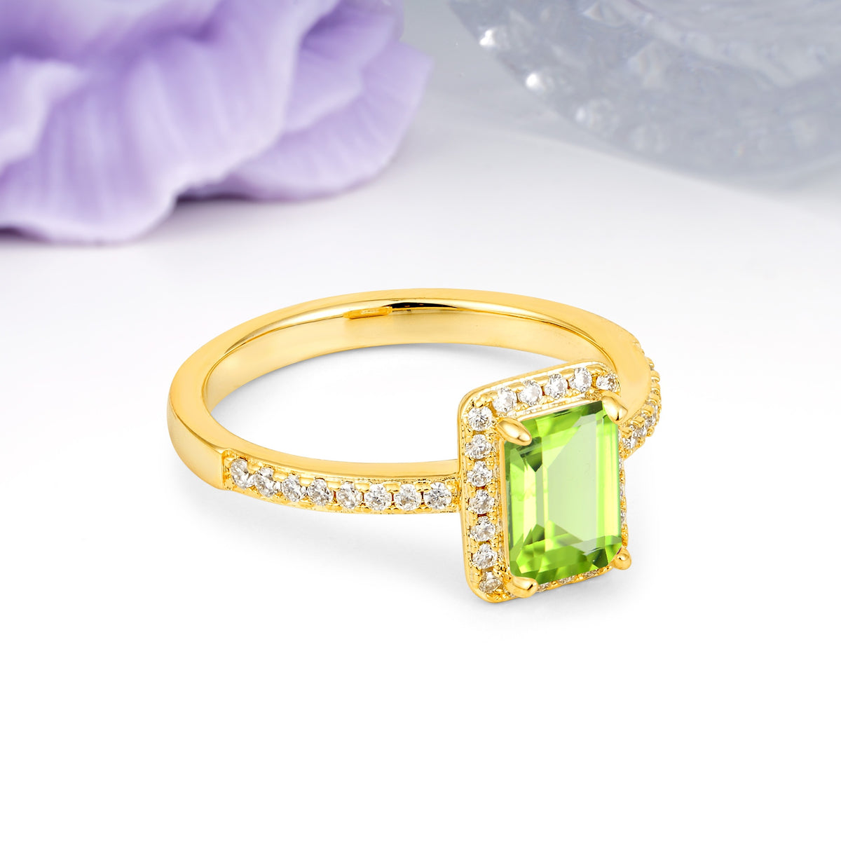Classic Pavé-Set, Luxurious 4-Prong, Emerald-Cut Peridot Engagement Ring - Additional view