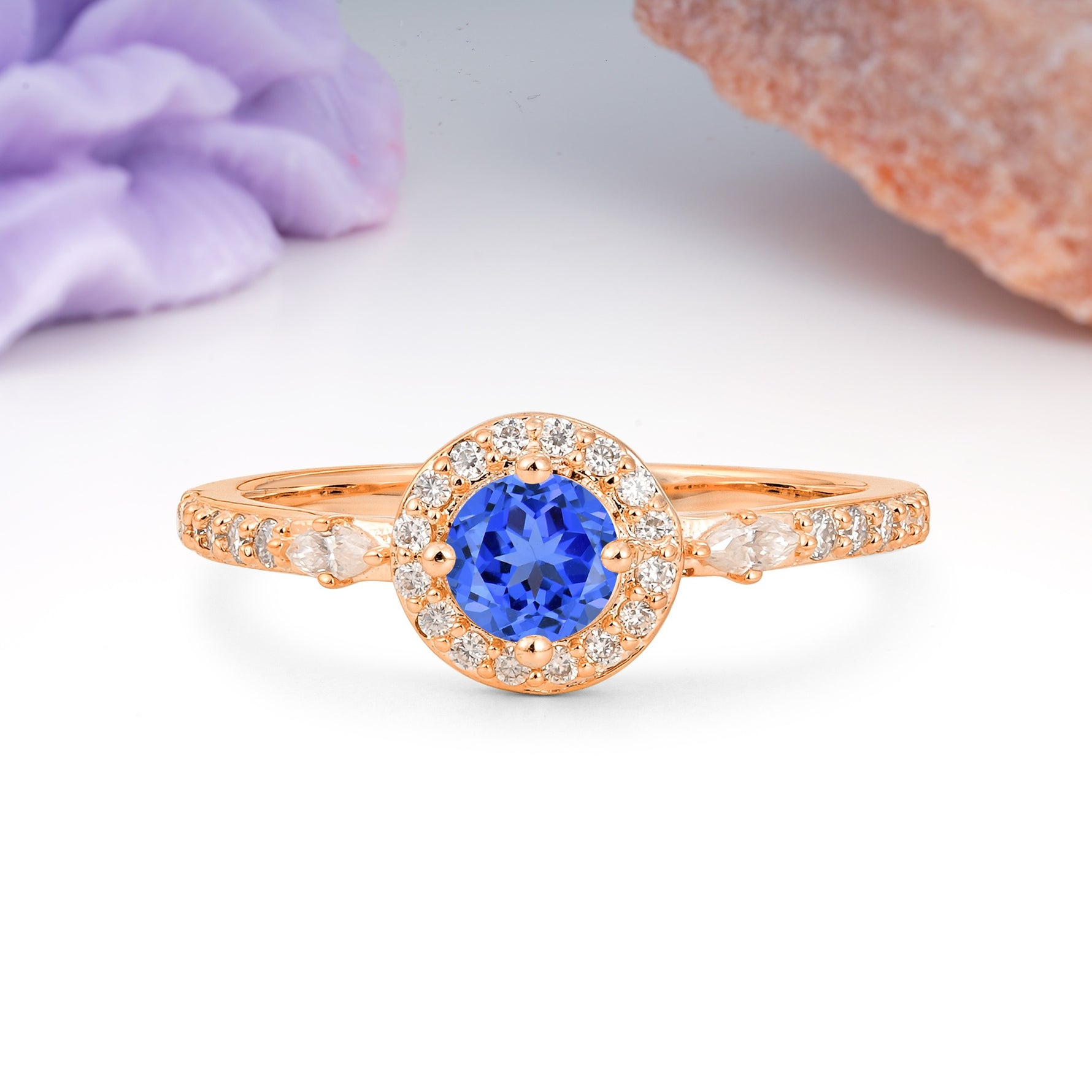 Distinctive Pavé Set 4 Prong Round Cut Sapphire Wedding Ring - Additional view