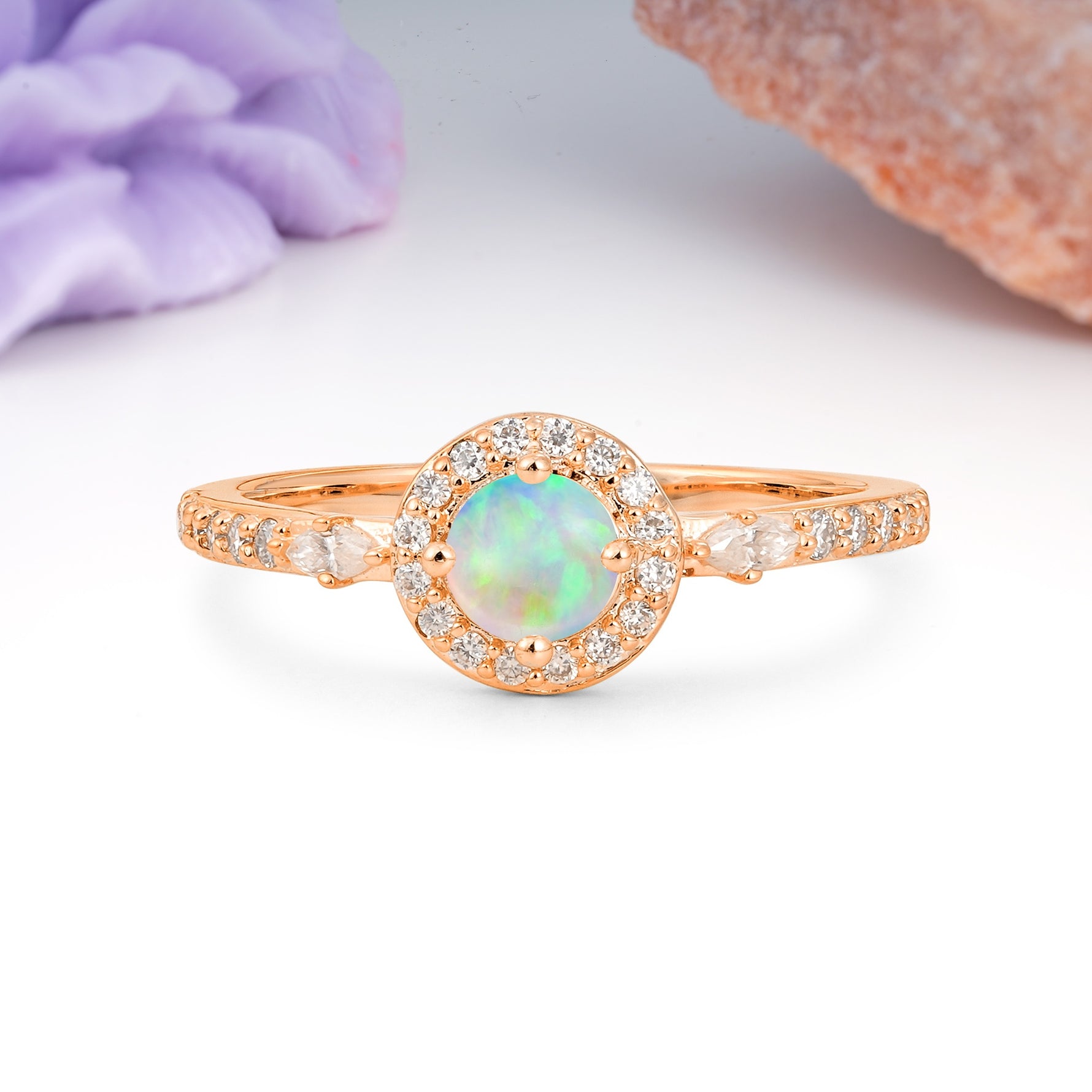 Distinctive Pavé Set 4 Prong Round Cut Fire Opal Wedding Ring - Additional view