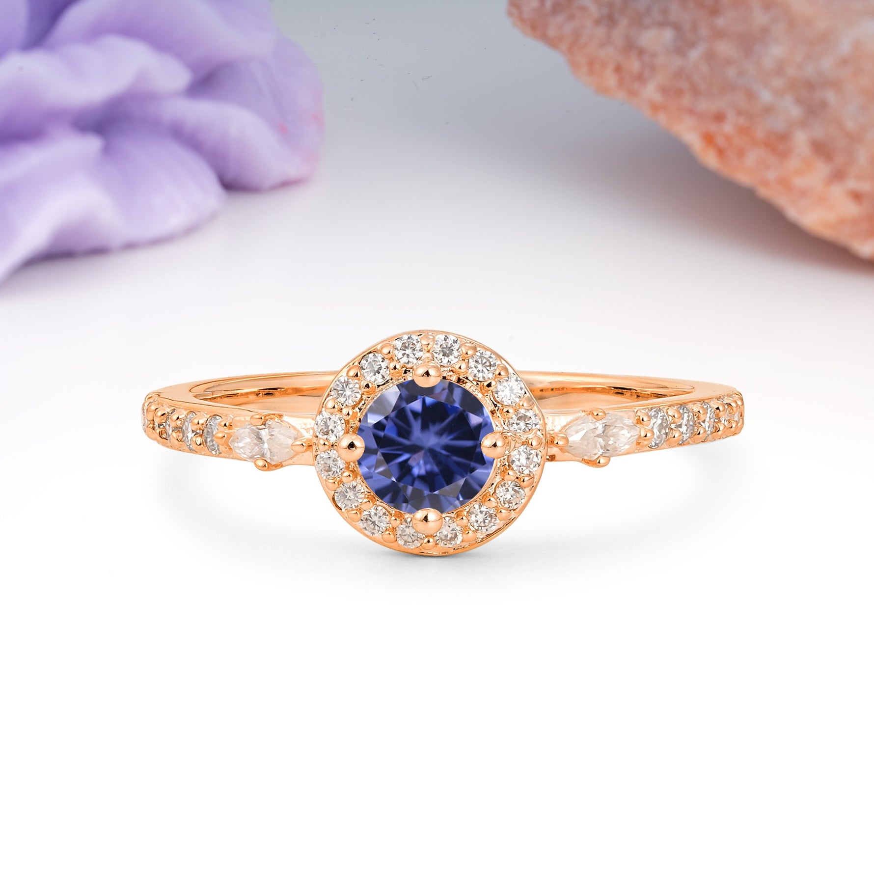 Distinctive Pavé Set 4 Prong Round Cut Tanzanite Wedding Ring - Additional view