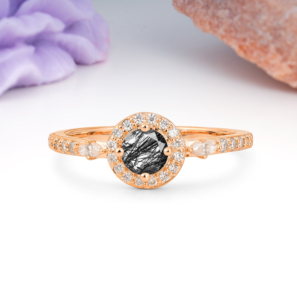 Distinctive Pavé Set 4 Prong Round Cut Black Rutilated Quartz Wedding Ring - Additional view