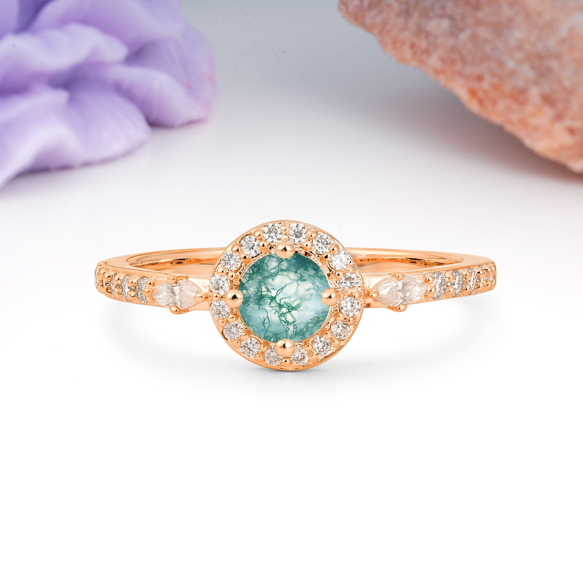 Distinctive Pavé Set 4 Prong Round Cut Moss Agate Wedding Ring - Additional view