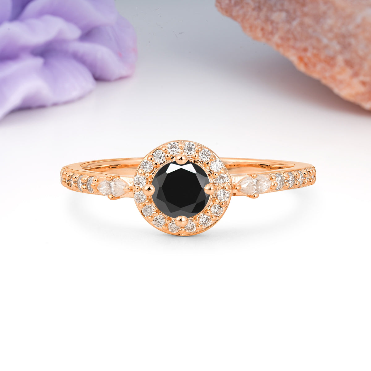 Distinctive Pavé Set 4 Prong Round Cut Black Onyx Wedding Ring - Additional view