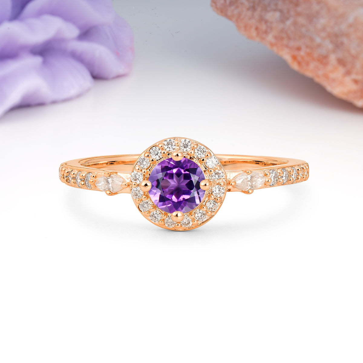 Distinctive Pavé Set 4 Prong Round Cut Amethyst Wedding Ring - Additional view