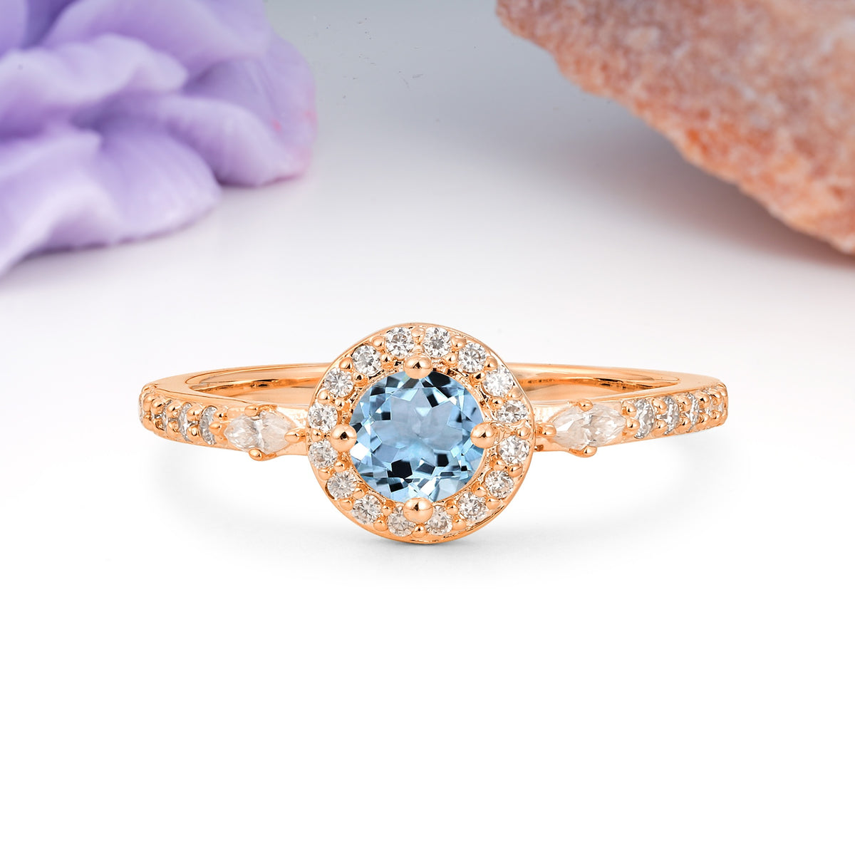 Distinctive Pavé Set 4 Prong Round Cut Aquamarine Wedding Ring - Additional view