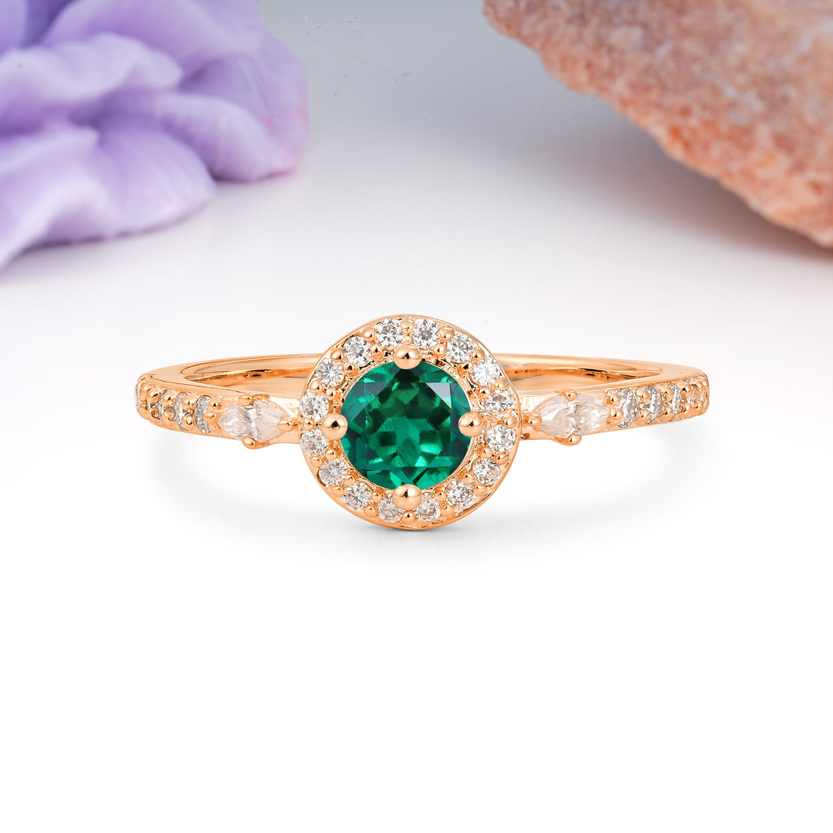 Distinctive Pavé Set 4 Prong Round Cut Emerald Wedding Ring - Additional view