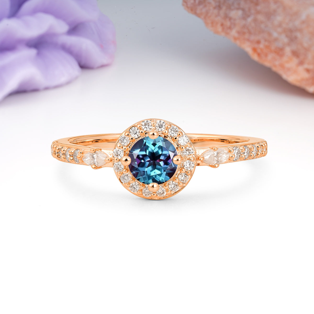 Distinctive Pavé Set 4 Prong Round Cut Alexandrite Wedding Ring - Additional view