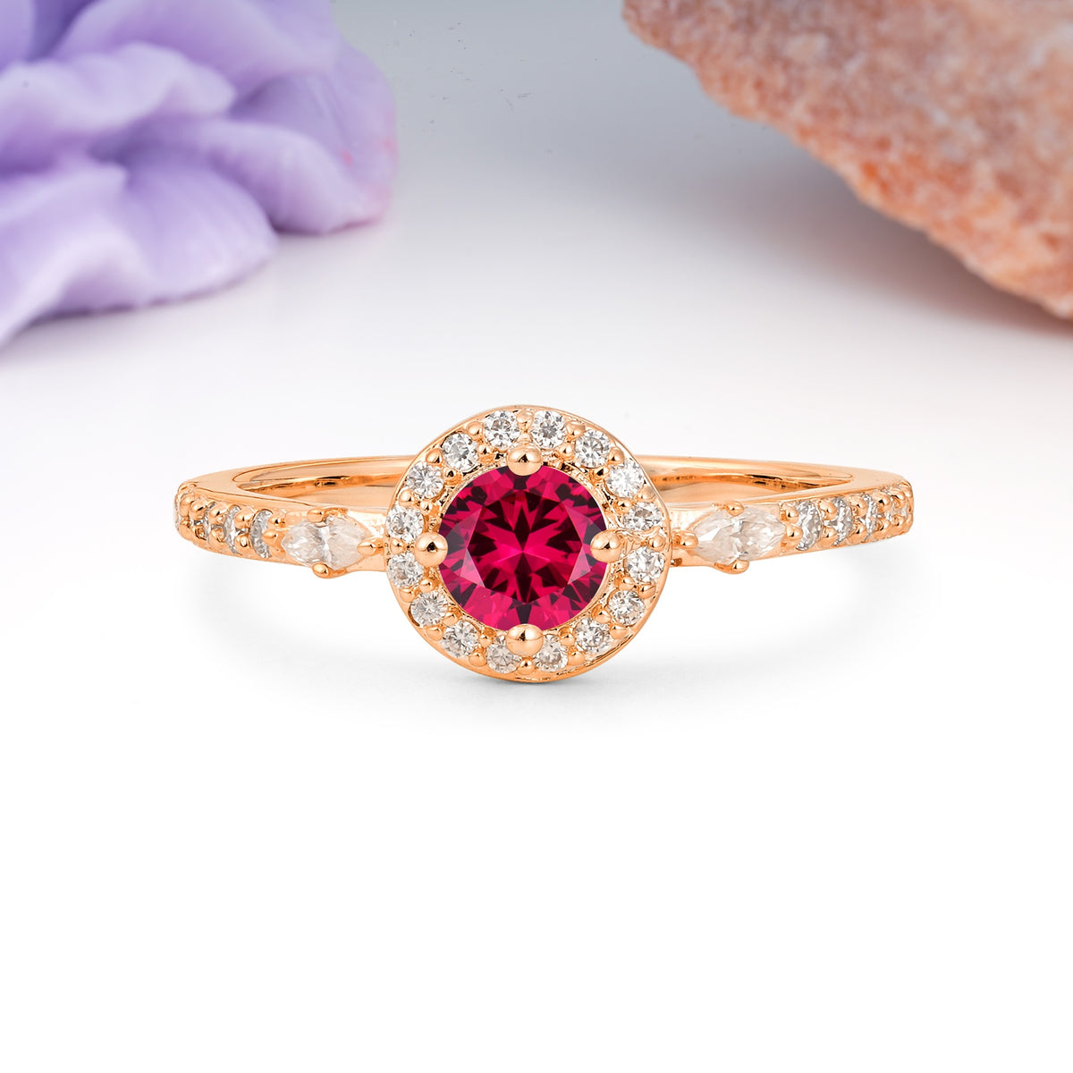 Distinctive Pavé Set 4 Prong Round Cut Ruby Wedding Ring - Additional view