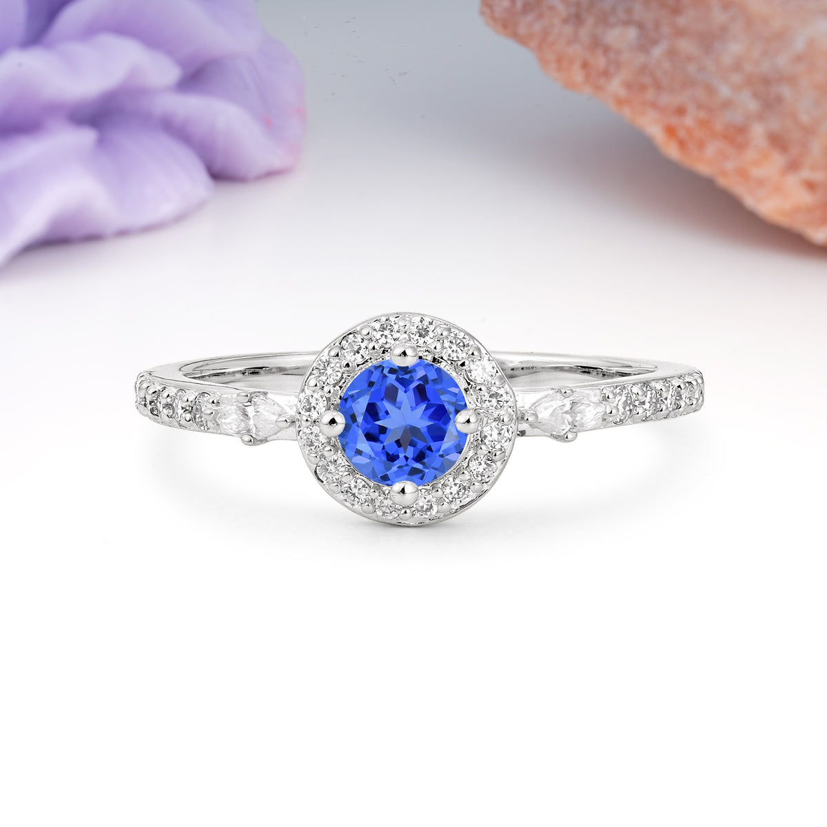 Distinctive Pavé Set 4 Prong Round Cut Sapphire Wedding Ring - Additional view