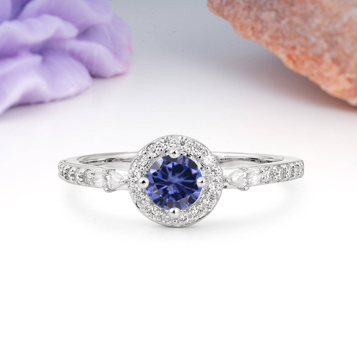Distinctive Pavé Set 4 Prong Round Cut Tanzanite Wedding Ring - Additional view