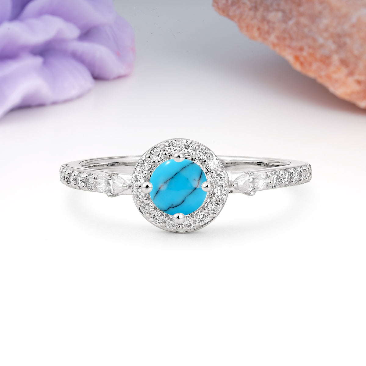 Distinctive Pavé Set 4 Prong Round Cut Turquoise Wedding Ring - Additional view