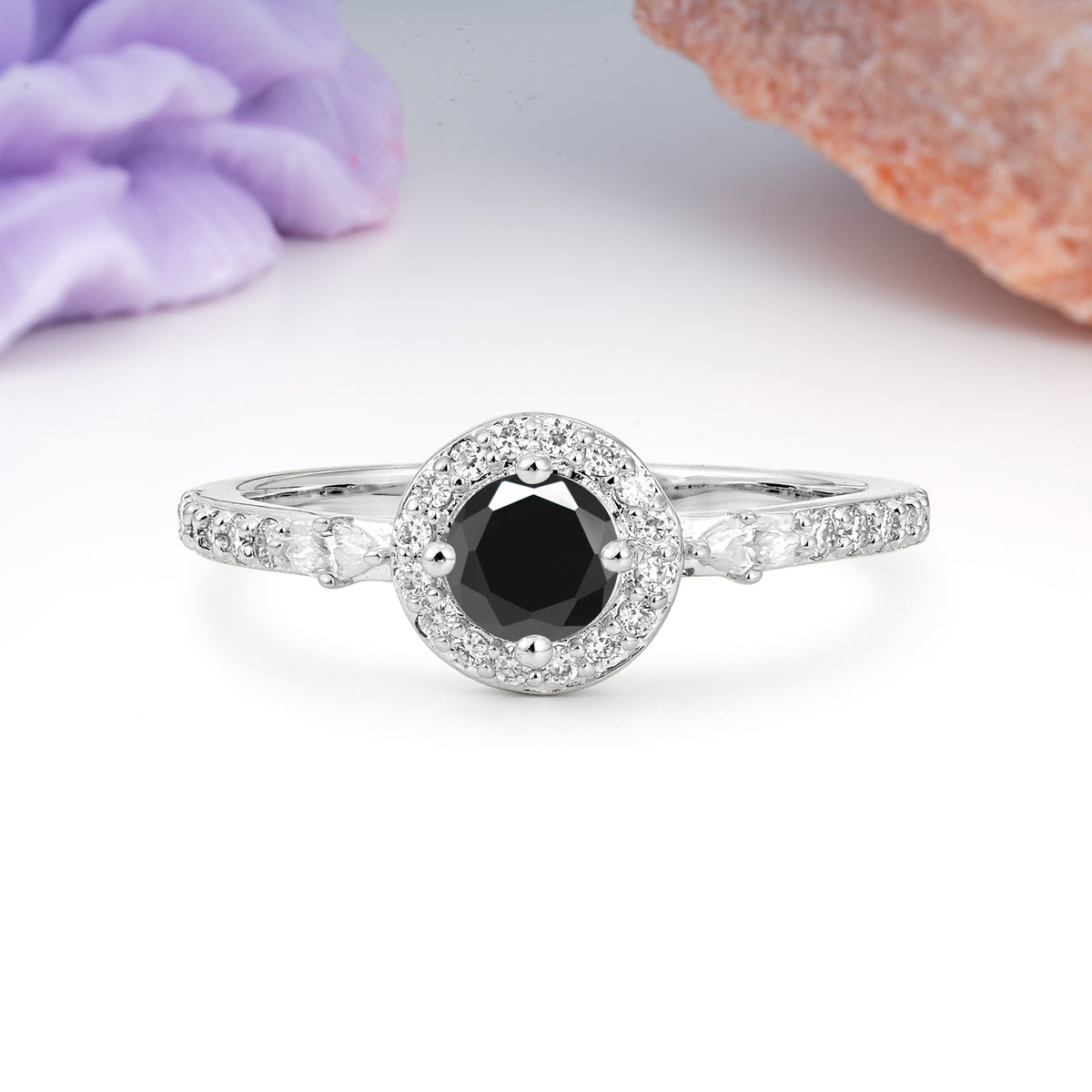 Distinctive Pavé Set 4 Prong Round Cut Black Onyx Wedding Ring - Additional view