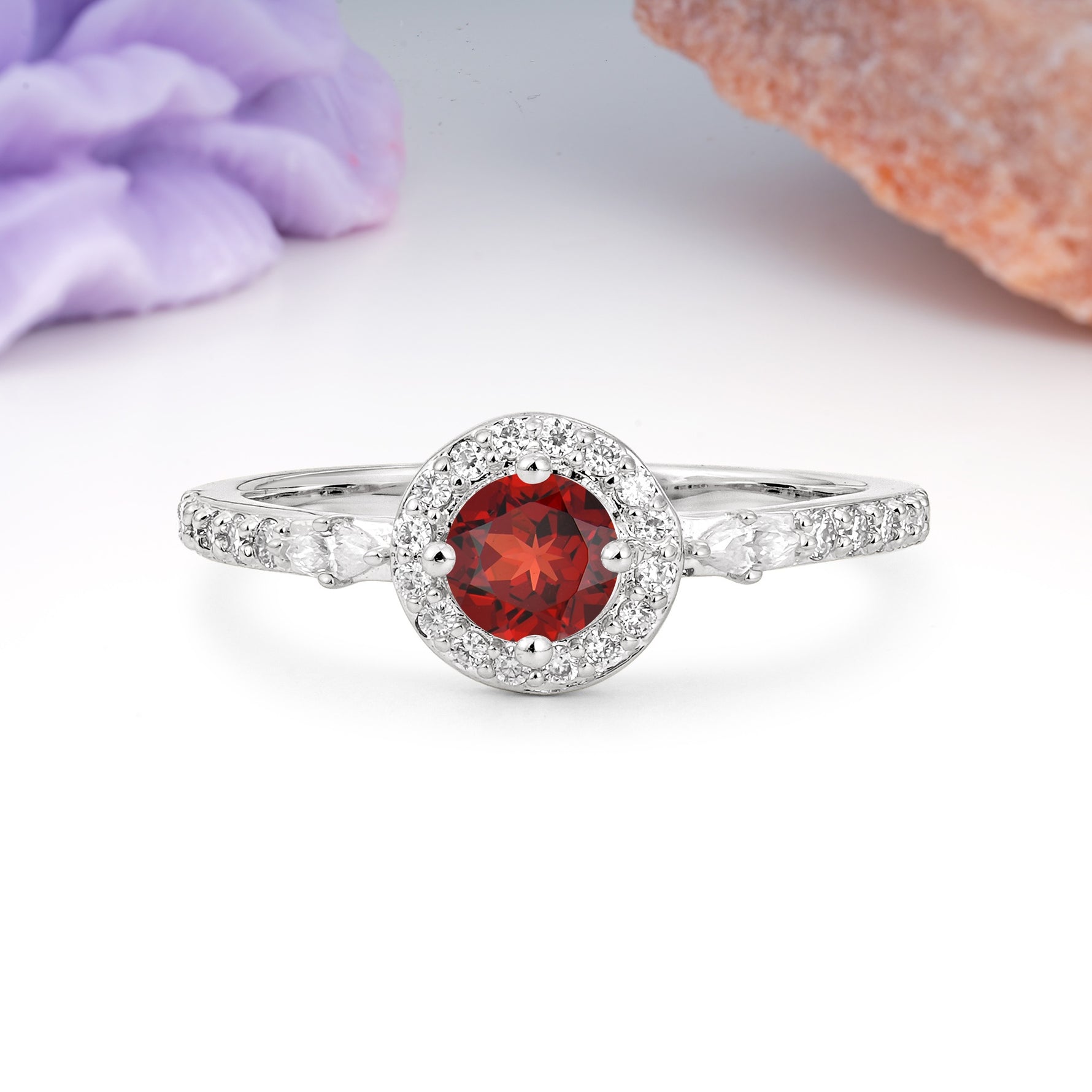 Distinctive Pavé Set 4 Prong Round Cut Garnet Wedding Ring - Additional view