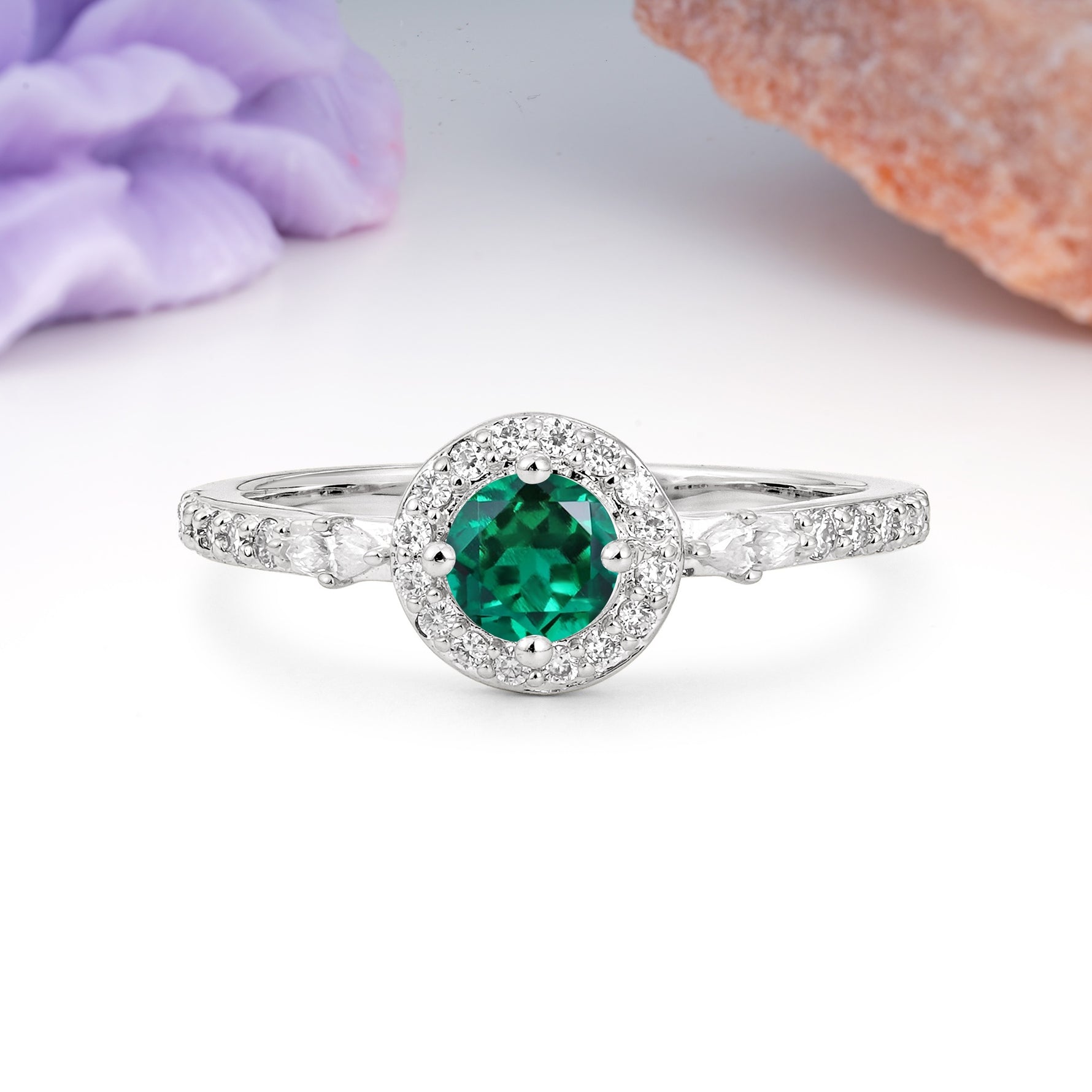 Distinctive Pavé Set 4 Prong Round Cut Emerald Wedding Ring - Additional view